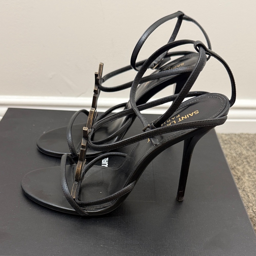 Saint Laurent CASSANDRA Black Strappy Heeled Sandals with Gold YSL size 38.5 - Picture 6 of 11